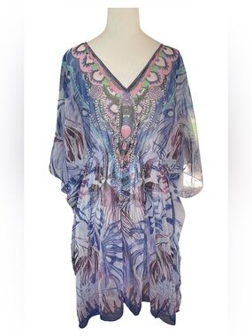 NWT Bon Voyage Sheer Kaftan Swim Cover-Up One Size Blue Purple